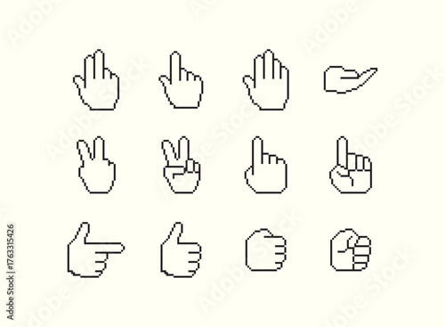 Twelve pixelated hand gestures illustrating different hand signals and actions on a light background