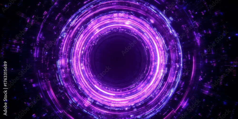 Obraz premium Glowing purple and pink light tunnel with digital particles.