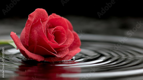 Red rose with dewdrops on water surface with ripples.