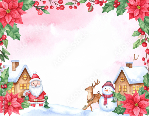 Watercolor christmas greeting card with snowman , santa, and poinsettia flower on a soft pastel pink background 