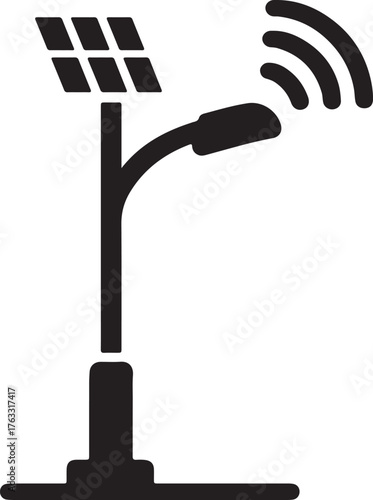 A black and white icon depicting a solar panel on a pole powering a street light with wireless signal waves emanating from it.