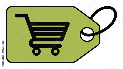 A shopping cart icon resting on a checkered platform against a light green colored background view
