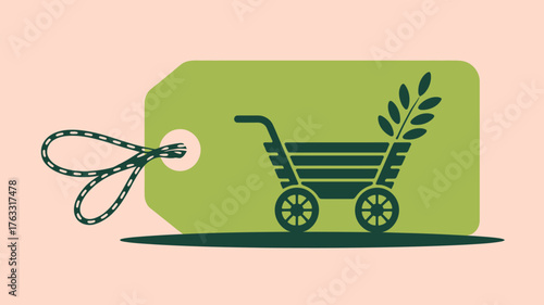 Illustrated shopping cart with a price tag and a star against a geometric background design style