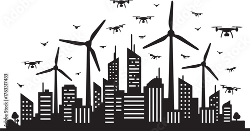 Silhouetted modern city skyline featuring wind turbines and numerous drones flying above, symbolizing renewable energy and advanced technology.
