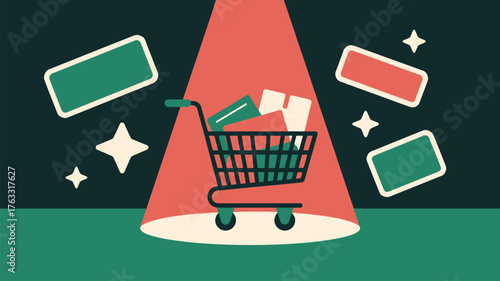 A shopping cart with flags on a checkered background in shades of green purple and beige colors