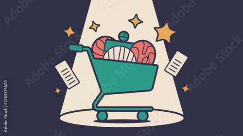 A teal shopping cart filled with patterned balls under a spotlight surrounded by stars and papers