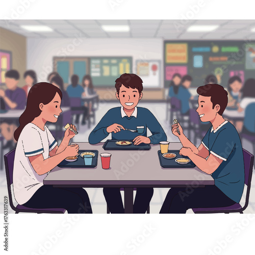 Vibrant 2D flat vector illustration showing three happy secondary students chatting and socializing while eating lunch from trays at a rectangular cafeteria table during school break time.