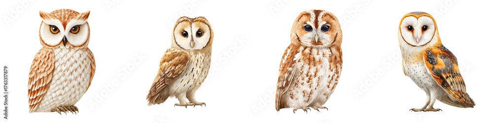 Naklejka premium Watercolor Painting of Four Different Owl Species on White Background