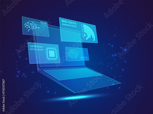 Artificial intelligence with Futuristic Holographic Laptop Notebook data Visualization Dashboard on screen blue light effect on dark blue background vector design concept. AI technology for website.