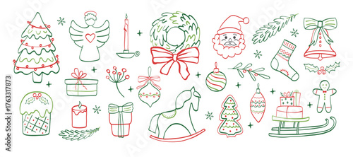 Сhristmas hand drawn icons. doodle vintage element of décor with bows and snowflakes. Vector whimsical sketch for cover, background, frame, pattern, wallpaper.