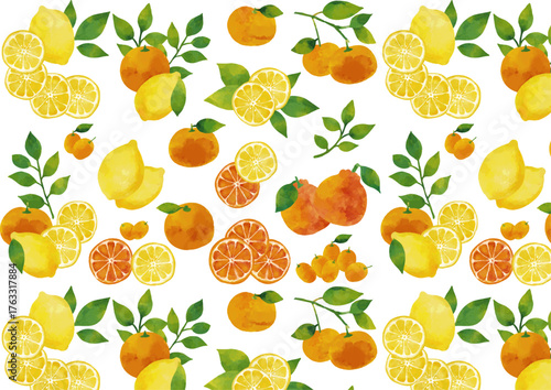水彩風 冬の柑橘類（レモン・ミカン・デコポン・キンカン）のパターン Winter Fruits Series:Watercolor winter citrus fruits (lemon, mandarin orange, dekopon, kumquat) pattern