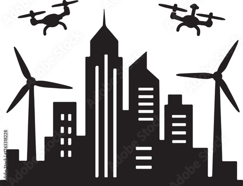 A black silhouette of a modern city skyline featuring skyscrapers, wind turbines, and flying drones.