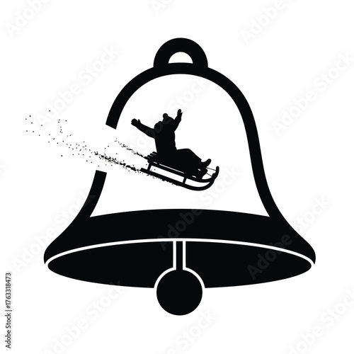 Silhouette of person sledding down a hill inside a bell shape with snow spray winter
