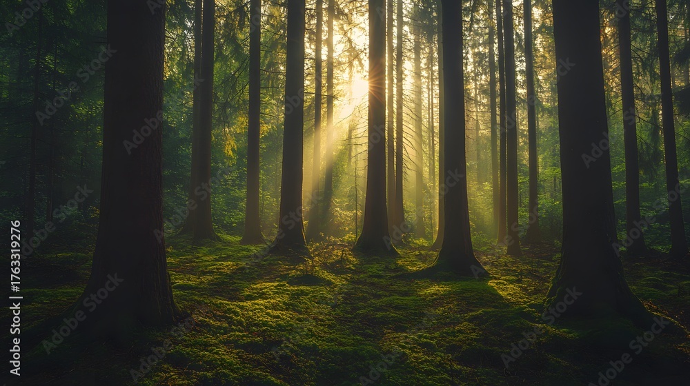 Fototapeta premium Sunlight streams through the trees in a misty forest, illuminating the green moss on the forest floor.