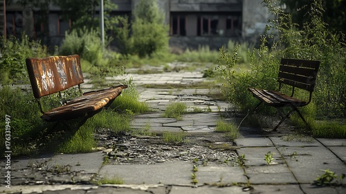 A neglected urban park with weeds growing through the cracked sidewalks and rusted benches
