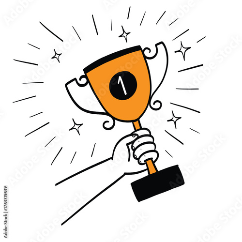 Hand holding number one winner's trophy.