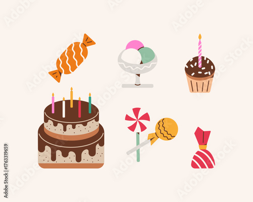 Set of sweets for birthday. Color illustration.