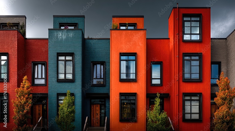 Obraz premium Row of colorful townhouses under a dramatic sky.