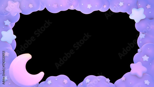3D render cartoon pastel moon and purple clouds frame on black background.