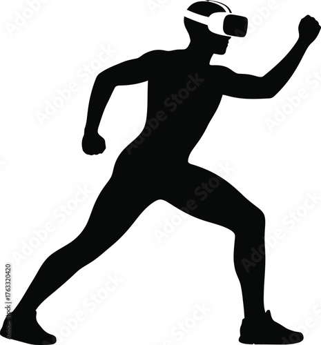 A black silhouette of a person in mid-stride wearing a VR headset, conveying movement and immersive technology.