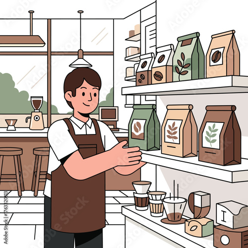 Friendly barista arranging coffee bags showcasing artisanal blends in a modern cafe