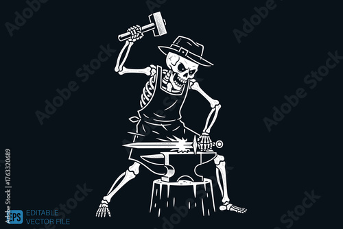 Skeleton Blacksmith Forging a Sword with Hammer and Anvil.