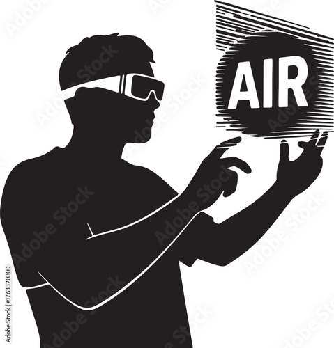 A black silhouette of a person in VR goggles reaches out to a circular graphic with the word AIR inside.