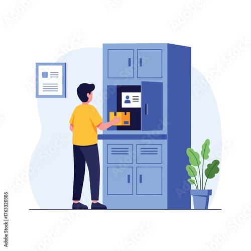 Man places package in smart locker for secure delivery and pickup