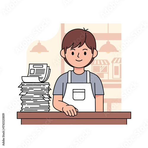 Friendly shopkeeper proudly stands behind counter with stacks of goods
