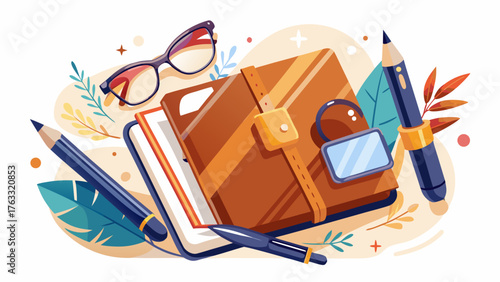 
Very beautiful composition of a leather notebook, elegant pen, and reading glasses arranged neatly on a clean white background, symbolizing creativity, writing, and thoughtful inspiration in minimal 