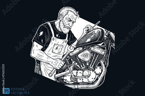 Mechanic Repairing Motorcycle Engine with Wrench in Detailed Ill