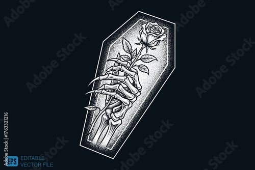Skeleton Hand Holding a Rose in a Coffin Tattoo Design.