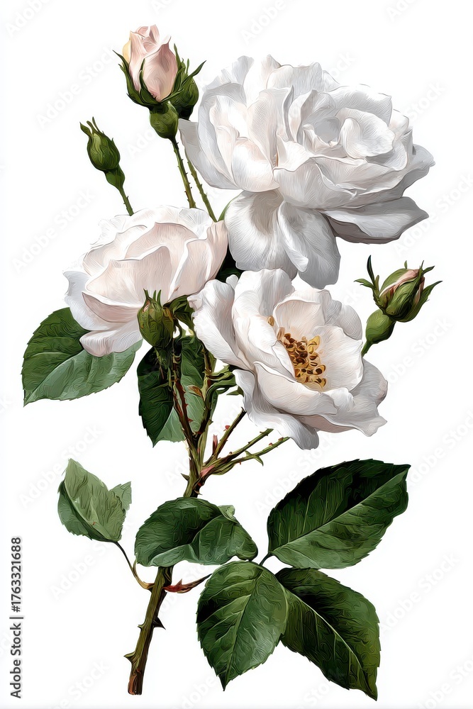 Fototapeta premium White Roses Blooming on Stem Isolated on White Background Botanical Illustration Elegant Floral Arrangement
