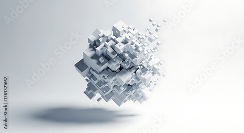 Fototapeta Naklejka Na Ścianę i Meble -  Exploding Cluster of White Cubes and Smaller Cubes on a White Background abstract