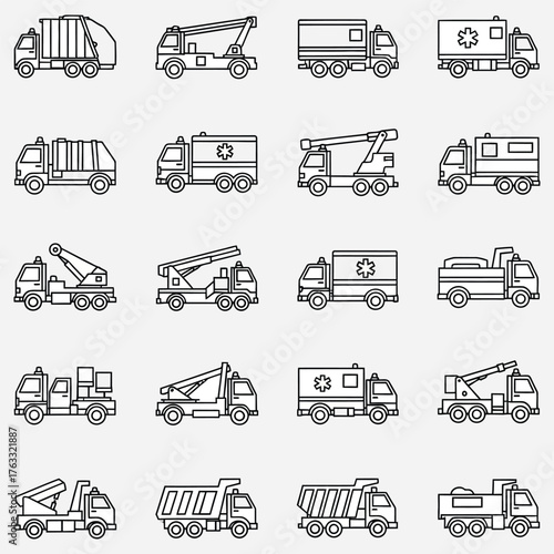 Collection of Line Art Icons Representing Various Types of Trucks and Vehicles for Commercial and Service Industries