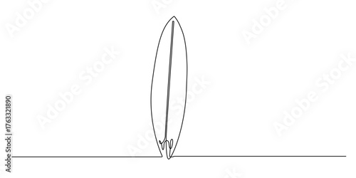 Continuous line drawing of a surfboard standing upright on the ground.
One line drawing showing a minimalist surfboard design in a simple outline style.