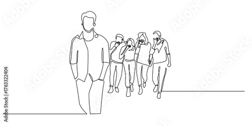 Continuous line drawing of a person walking alone in front while a group of people behind seem to mock or laugh at him.one line artwork representing bullying, exclusion, or social isolation.