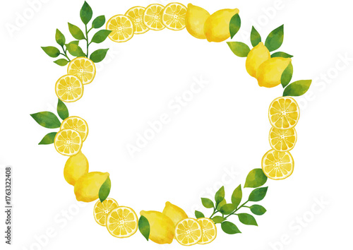 水彩風 レモンのリーフフレーム Winter Fruits Series:Watercolor lemon leaf frame
