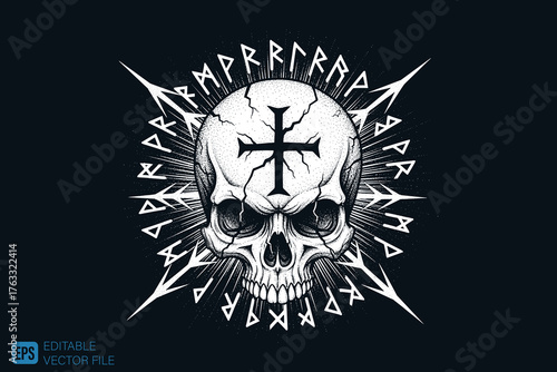 Skull with Inverted Cross and Runes - Dark Symbolism.