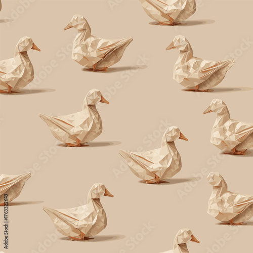 Vector animals in origami style, featuring various folded paper designs of ducks in a repeating pattern. The background is a soft beige color.