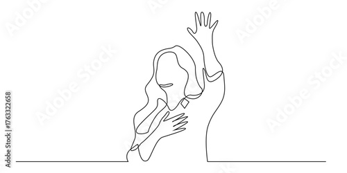 Continuous line drawing of a Christian woman praying with her hands raised.
Woman praying earnestly to God. Single line vector illustration.