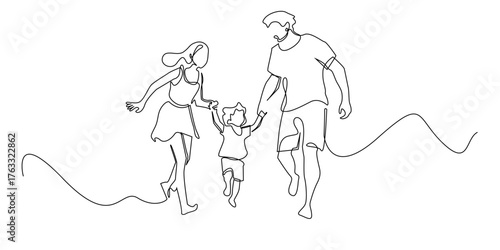 Continuous line drawing of a happy family holding hands and walking together, symbolizing love, unity, and joy.One line drawing of parents and child spending time together