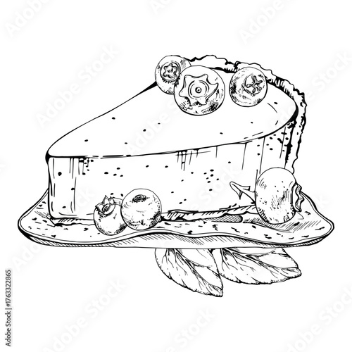 Creamy cheesecake crowned with glossy blueberries, mousse torte served on ceramic plate with mint, hand drawn in vector ink. Cafe menu, tea party invites, artisanal dessert posters, bakery logos.