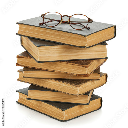 A stack of four old books with yellowed pages and a pair of glasses on the top book