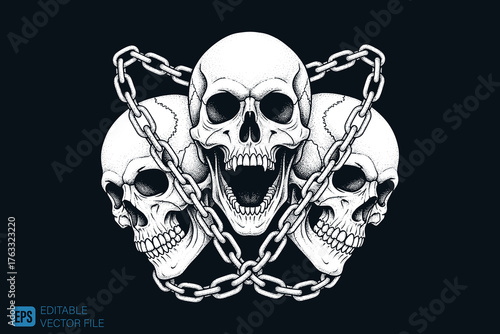 Three menacing skulls with bared teeth intertwined with heavy ch