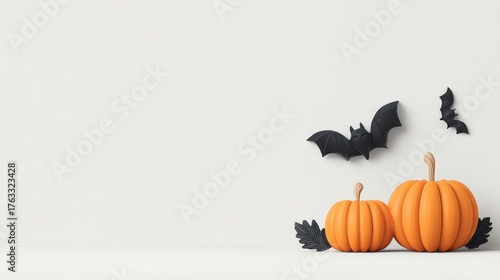 Festive Halloween Decorations with Pumpkins and Bats on White Wall