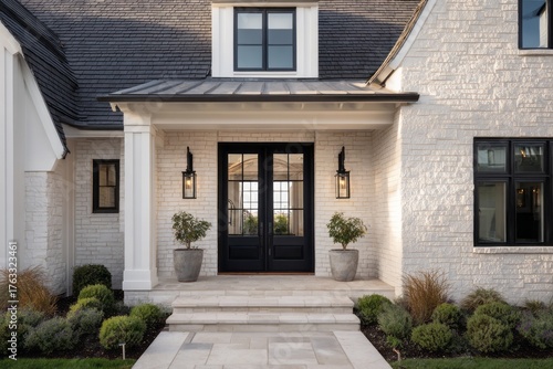 Modern farmhouse home entrance with double doors and manicured landscaping.