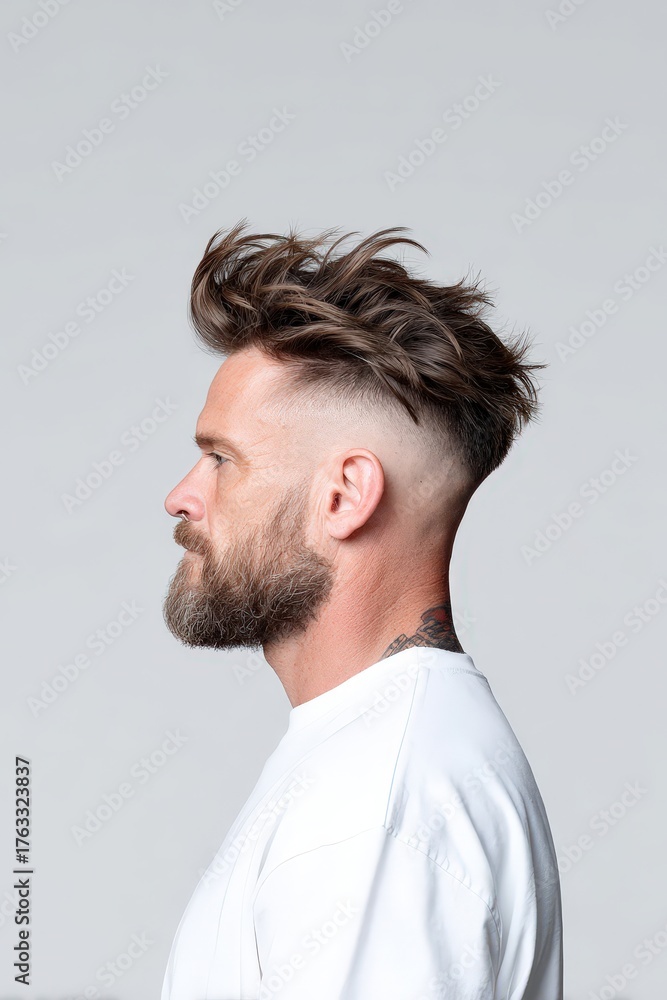 Fototapeta premium Stylish Side Profile of a Man with Trendy Hairstyle and Beard
