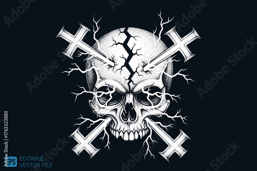 Cracked Skull with Inverted Crosses and Lightning Bolts.