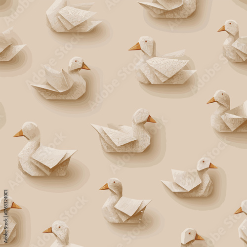 Vector animals in origami style, featuring various folded paper designs of ducks in a repeating pattern. The background is a soft beige color.
